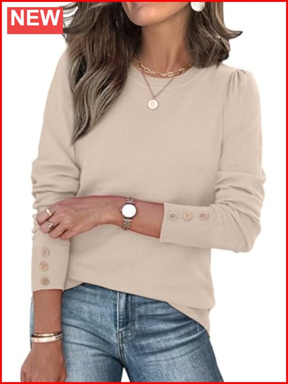 Womens Long Sleeve Button Cuff Soft Knit Pullover Sweater Casual Dressy Top